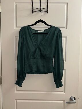 Abercrombie & Fitch Dark Green V-Neck Smocked Waist Blouse